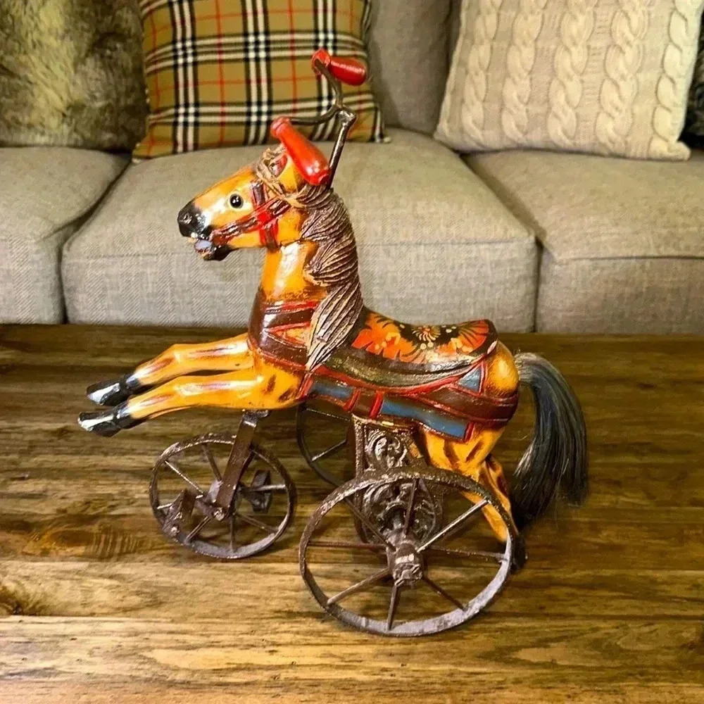 Antique/Vintage Wooden Horse Tricycle Decorative Accent Beautiful Iron Wheels - Picture 4 of 17